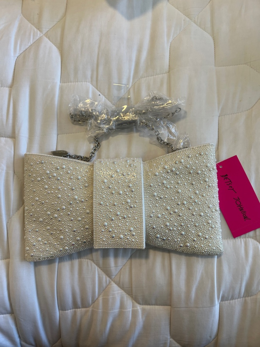 Betsey Johnson Pearl-Embellished Ivory Bow Crossbody Bag